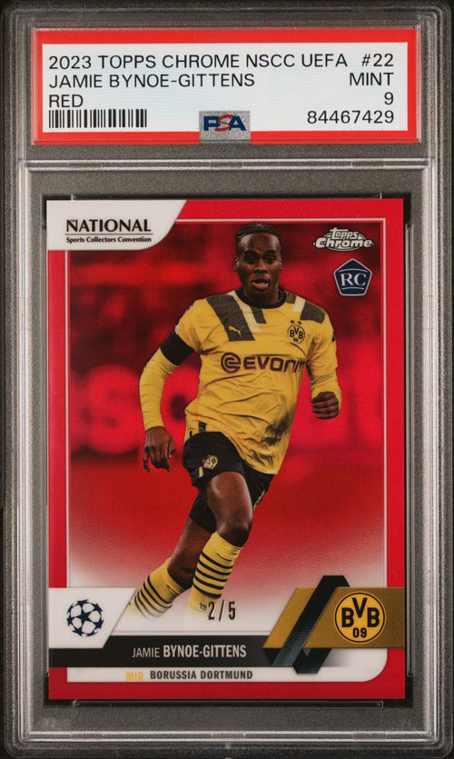 Best Deal - Topps Jamie Bynoe-Gittens Red Refractor /5 Chrome NSCC UEFA 2023 #22 PSA9